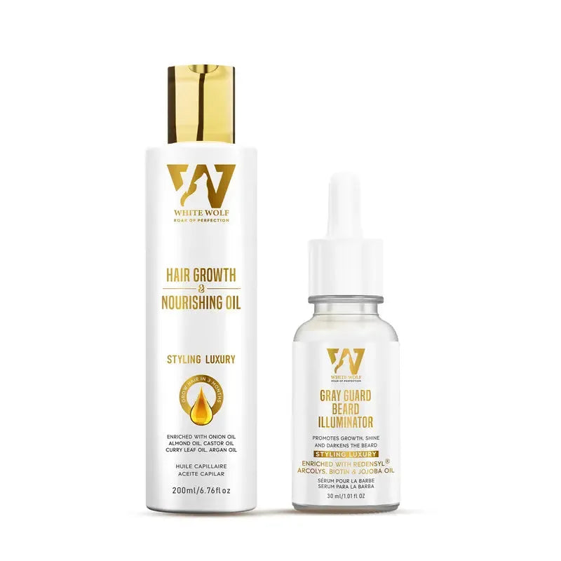 combo front of hair growth oil and beard serum